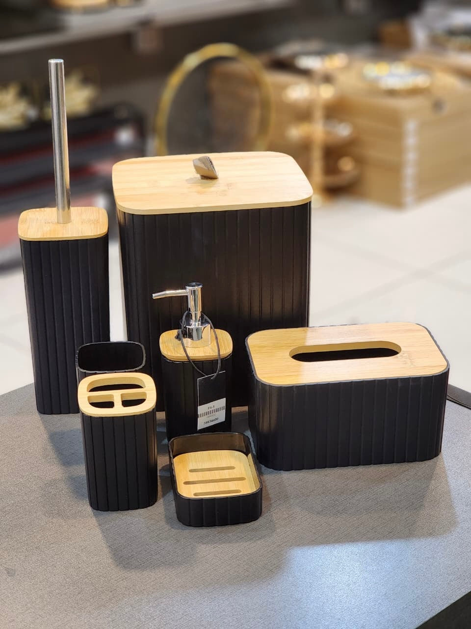 Modern Black and Wooden Accent Bathroom Accessory Set