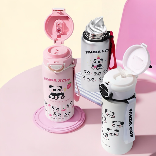 Cute Panda Stainless Steel Straw Water Bottle with Carrying Strap - 550ml