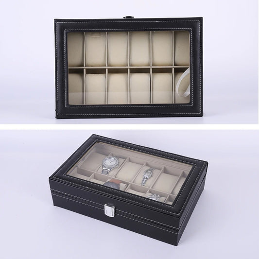Premium 12-Slot Faux Leather Watch Display Case