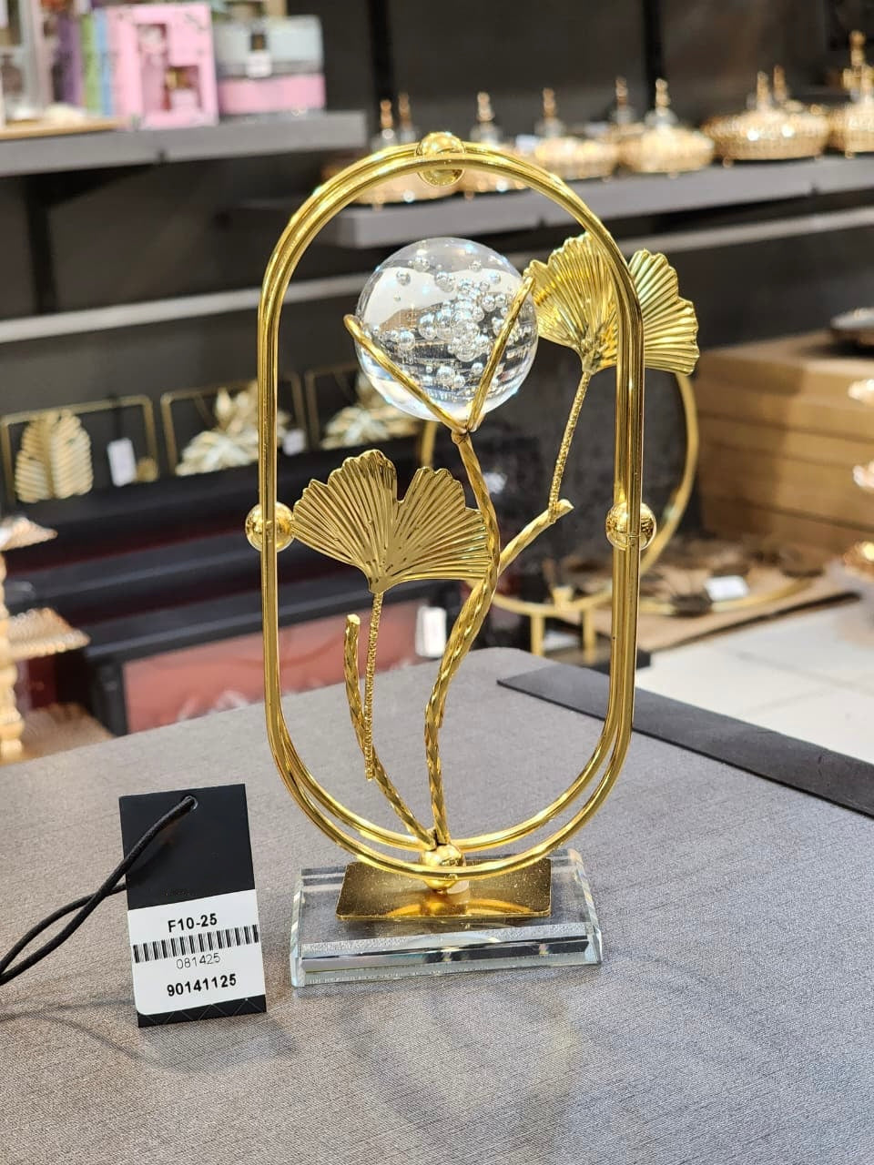 Elegant Ginkgo Leaf and Crystal Sphere Table Decor