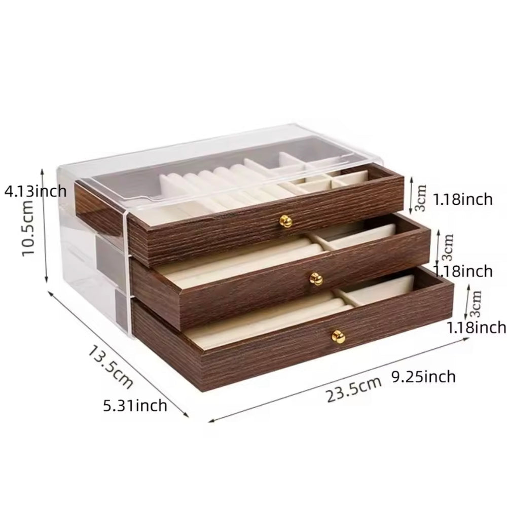 3-Tier Wooden Grain Acrylic Jewelry Storage Organizer Box