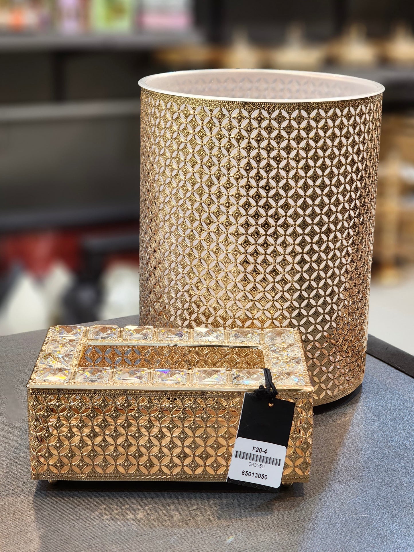 Luxury Circular Filigree Waste Bin and Tissue Box Set
