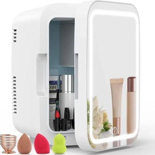 Portable 4L Mini Beauty Fridge with Dimmable LED Lighted Mirror