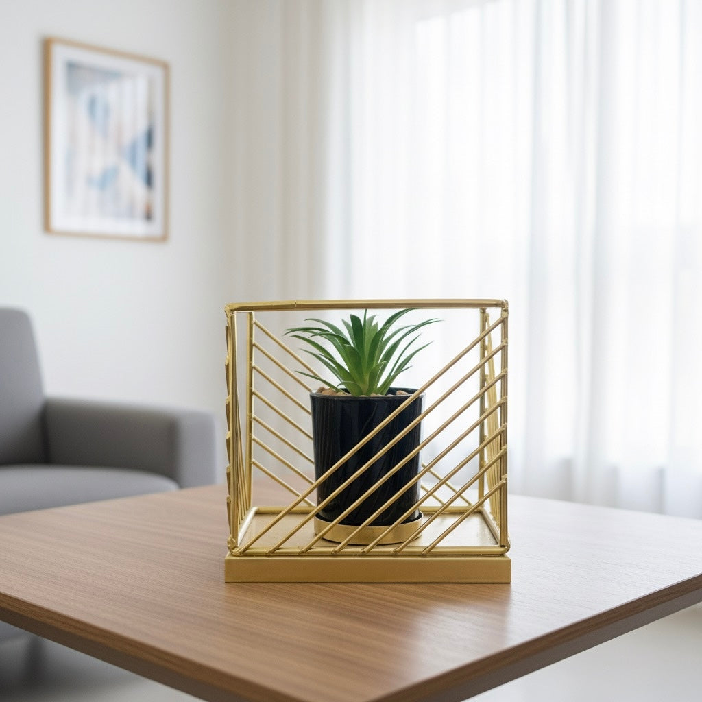 Modern Gold Metal Planter with Black Pot