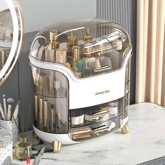 Luxury Dustproof Makeup Organizer Box with Rotating Side Doors & Drawers
