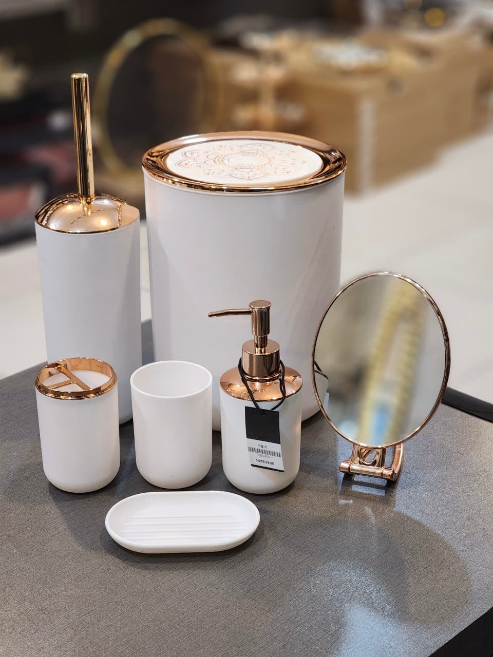 Elegant White and Rose Gold Bathroom Accessory Set