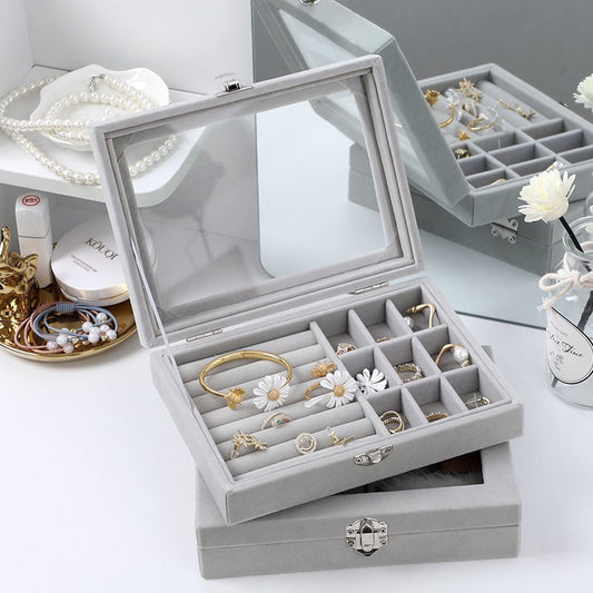 Velvet Jewelry Storage Organizer Box with Glass Lid & Buckle Clasp