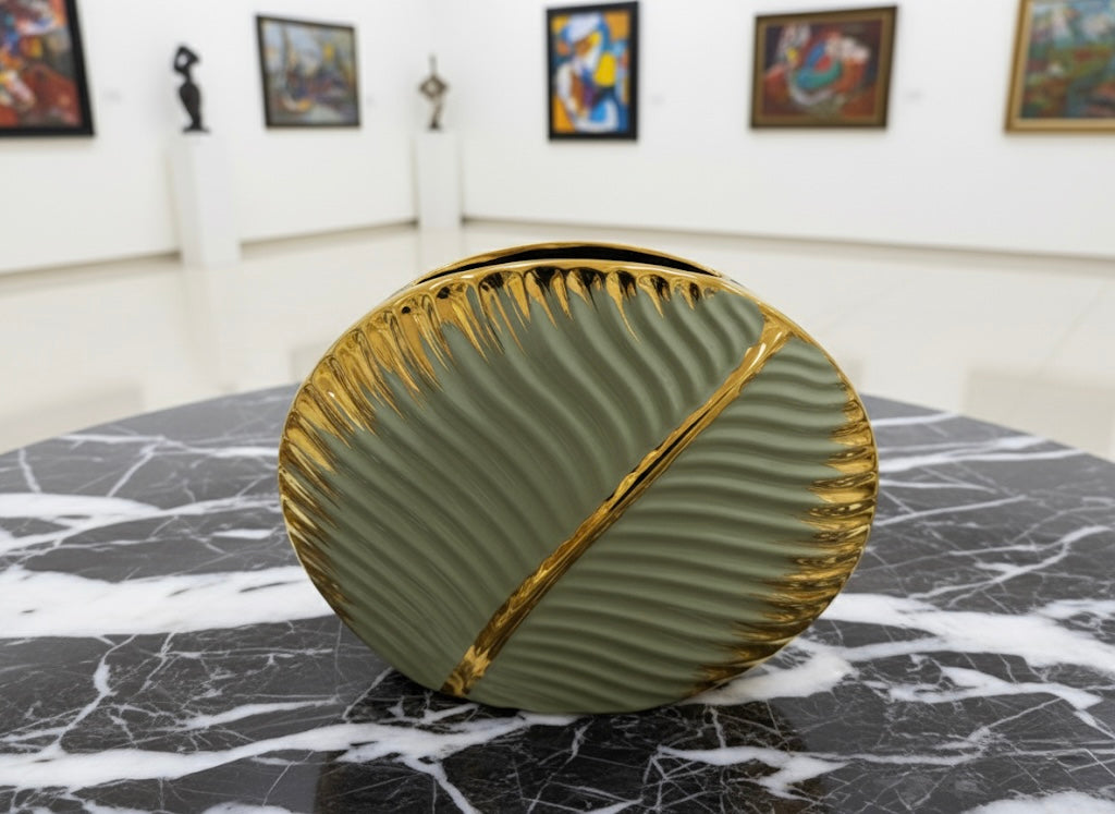 Gold-Accented Pale Green Wavy Ceramic Art Vase (Only In Karachi)