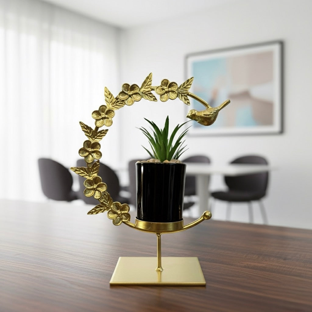 Gold Metal Drop Floral Frame with Artificial Plant Ceramic Pot Decoration