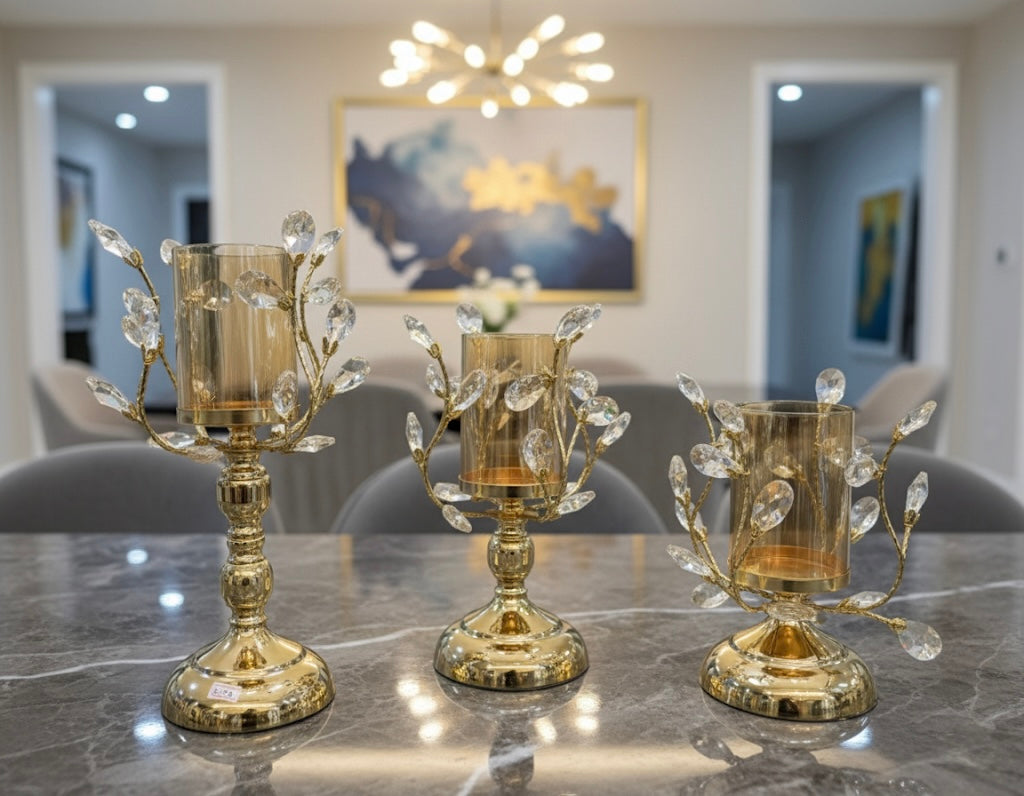 Elegant Crystal and Gold Candle Holder Set (3 Piece)