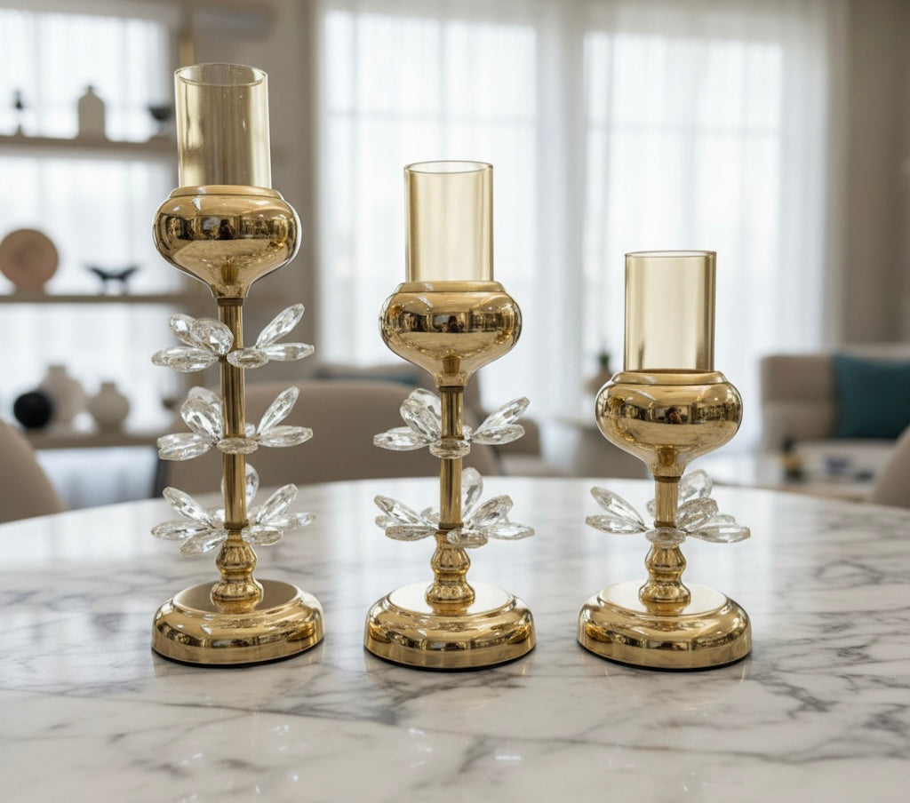 Golden Crystal Candelabra Trio Set (3 Piece)