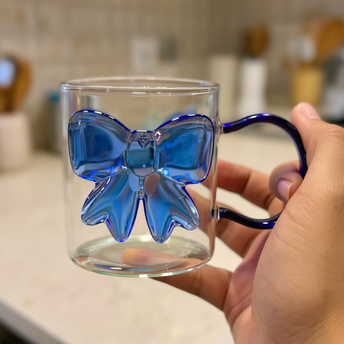 Elegant Bow Glass Mug with Matching Ribbon Accent & Handle