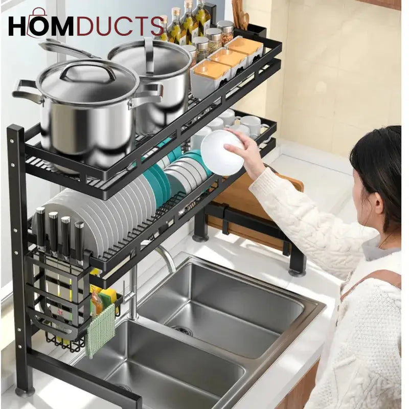 Two-Tier Over-Sink Dish Rack With Utensil Holders