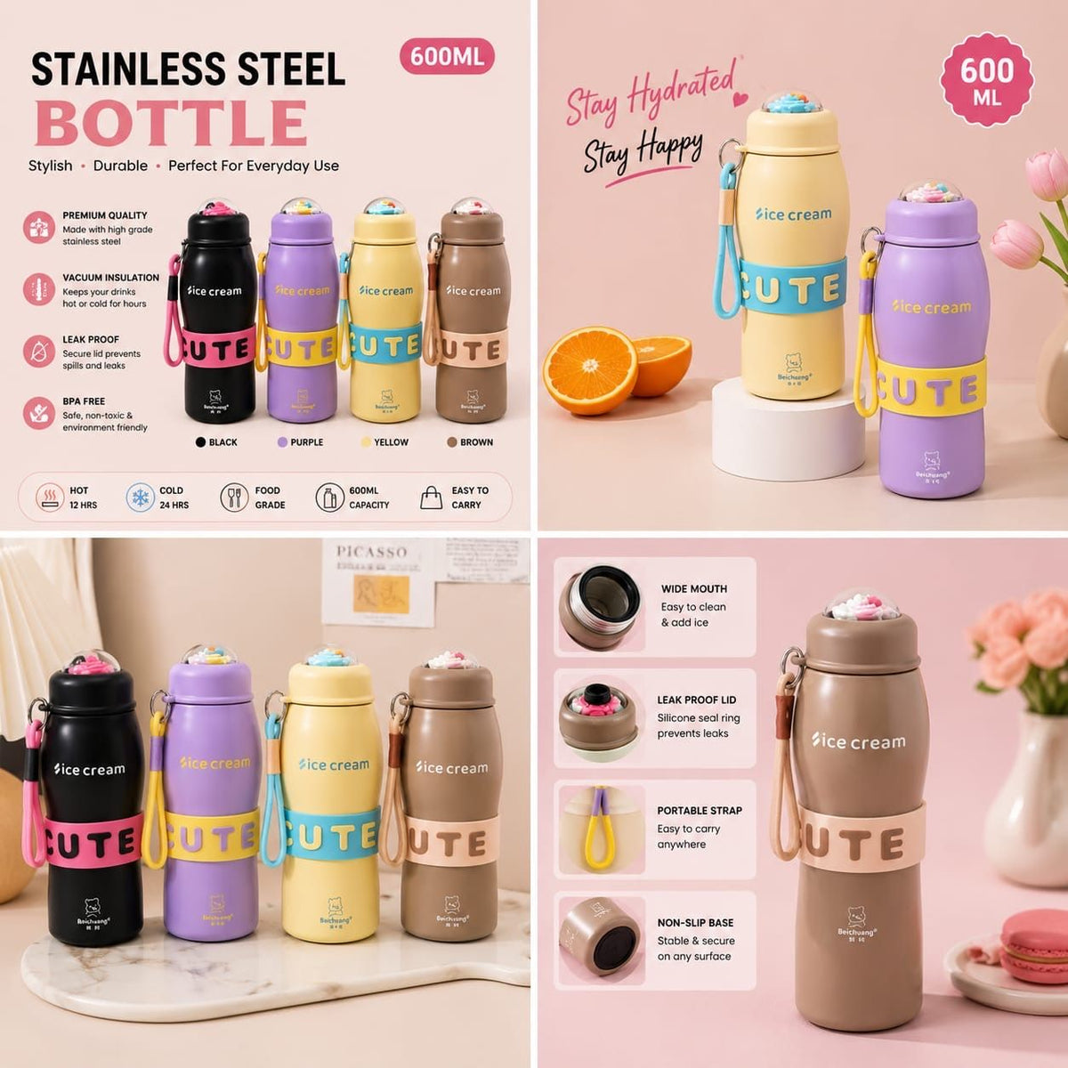 600ml Ice Cream Vacuum Insulated Stainless Steel Bottle