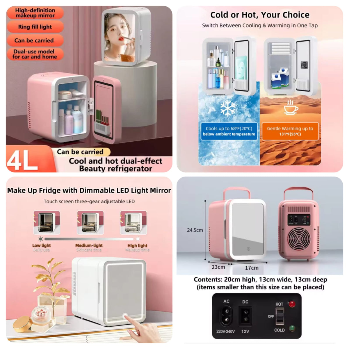 Portable 4L Mini Beauty Fridge with Dimmable LED Lighted Mirror