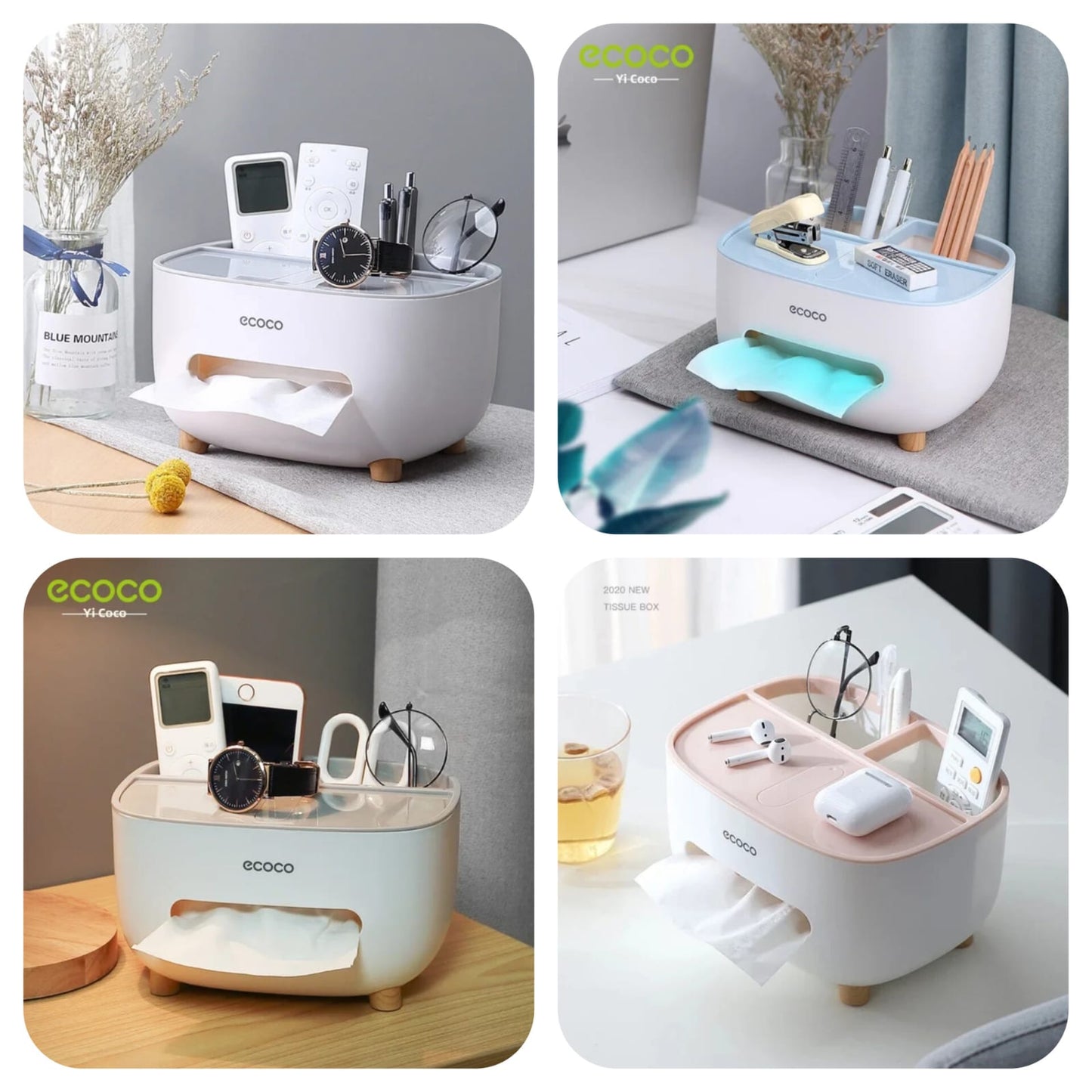 Ecoco Multi-Functional Tissue Box Holder - Desktop Organizer & Stationery Storage