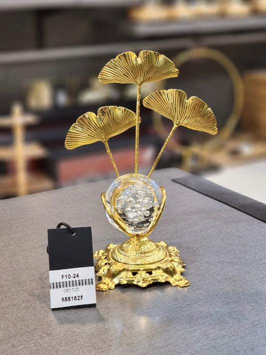 Elegant Gilded Ginkgo Leaf and Crystal Sphere Tabletop Ornament