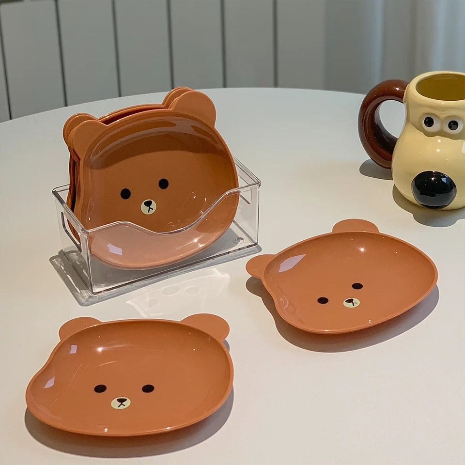 Cute Bear-Shaped Snack Plate Set with Clear Storage Holder (Set of 8)