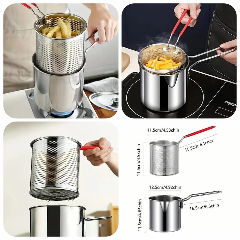 1200ml Stainless Steel Mini Deep Fryer Pot with Strainer Basket