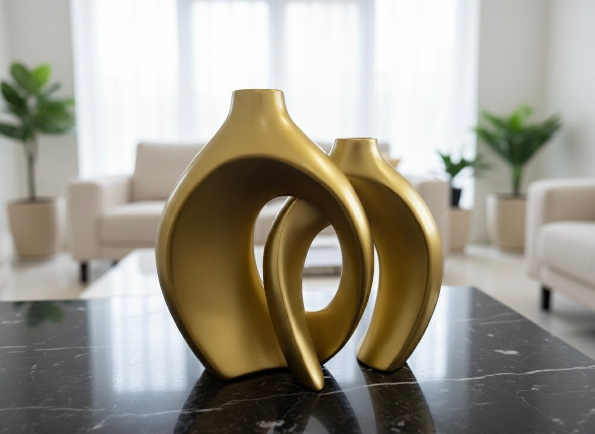 Modern Abstract Interlocking Vases with Dried Grass Accent