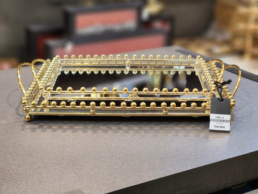 Elegant Gold Beaded Mirrored Serving Tray Set