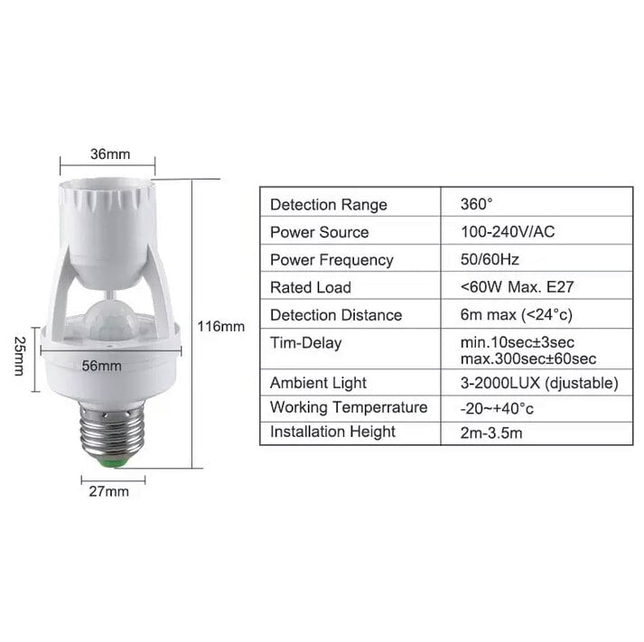 E27 PIR Motion Sensor Light Bulb Socket