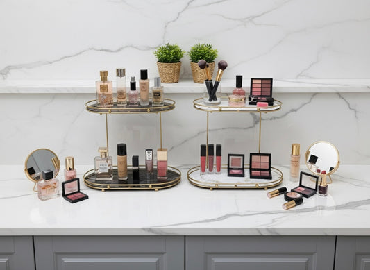 Luxury Gold-Trimmed Two-Tier Oval Vanity Organizer Trays