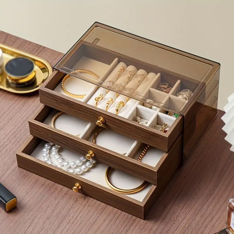 3-Tier Wooden Grain Acrylic Jewelry Storage Organizer Box
