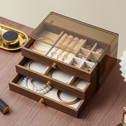 3-Tier Wooden Grain Acrylic Jewelry Storage Organizer Box
