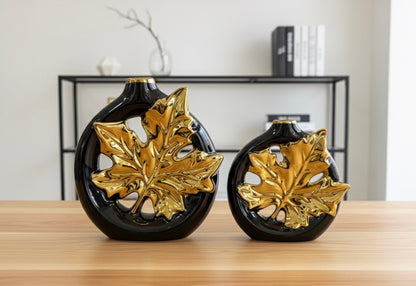 Regal Black & Gold Leaf Ceramic Vase Set | Modern Statement Decor (2 piece)
