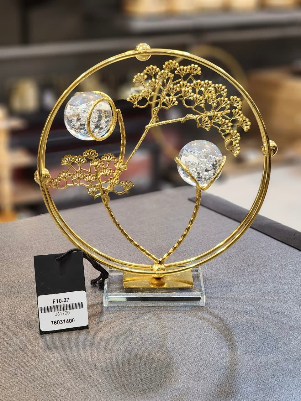 Elegant Gold-Tone Bonsai Sculpture with Crystal Orbs