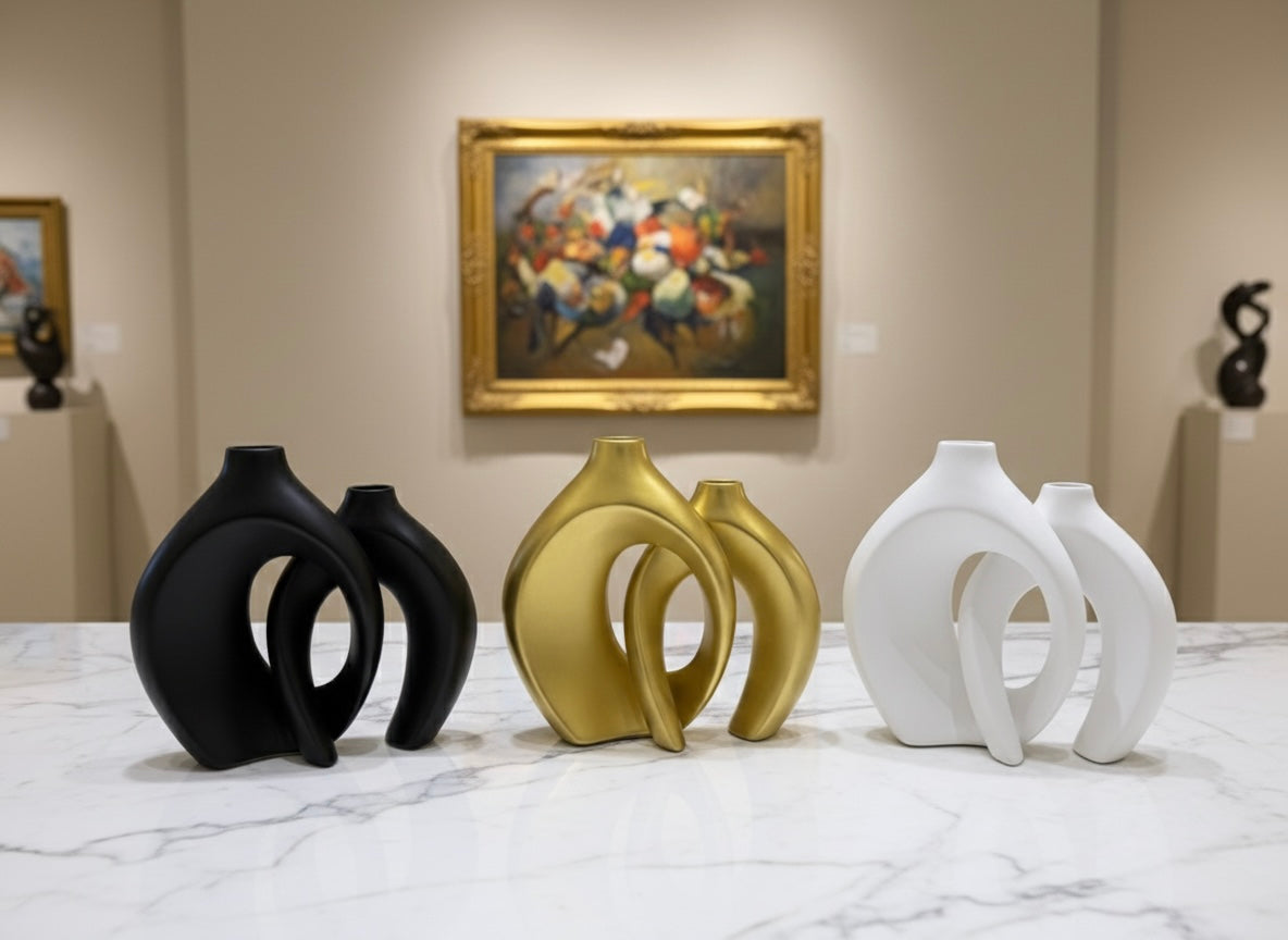 Modern Abstract Interlocking Vases with Dried Grass Accent