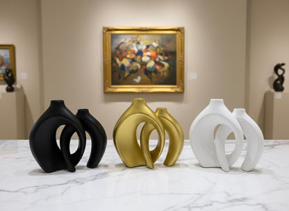 Modern Abstract Interlocking Vases with Dried Grass Accent