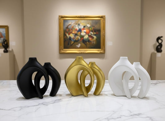 Modern Abstract Interlocking Vases with Dried Grass Accent