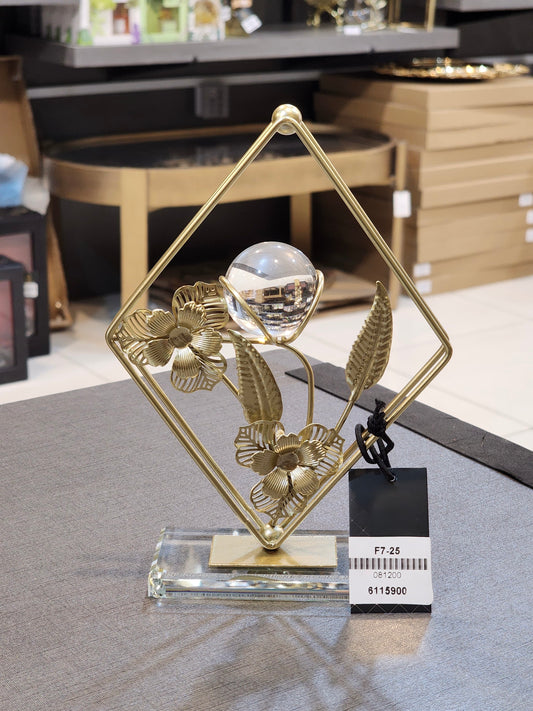 Golden Botanical Crystal Sphere Sculpture