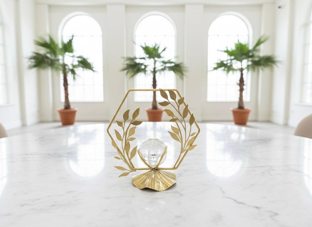 Elegant Hexagonal Metal & Crystal Table Sculpture