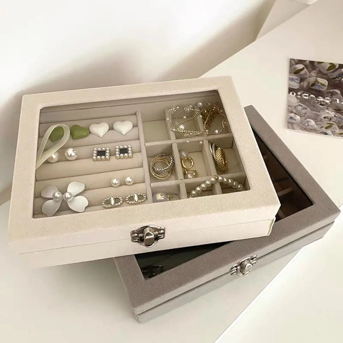 Velvet Jewelry Storage Organizer Box with Glass Lid & Buckle Clasp