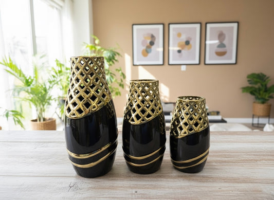 Modern White and Black Ceramic Decorative Vases with Diamond Cutout Tops (Only In Karachi)