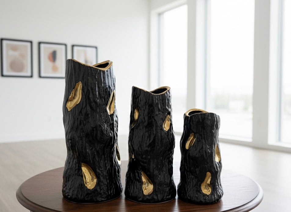 Abstract Ceramic Tree Bark Vases with Gold Glaze Accents Set (3 Piece) (Only In Karachi)