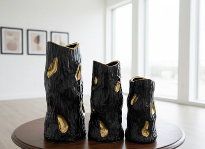 Abstract Ceramic Tree Bark Vases with Gold Glaze Accents Set (3 Piece) (Only In Karachi)