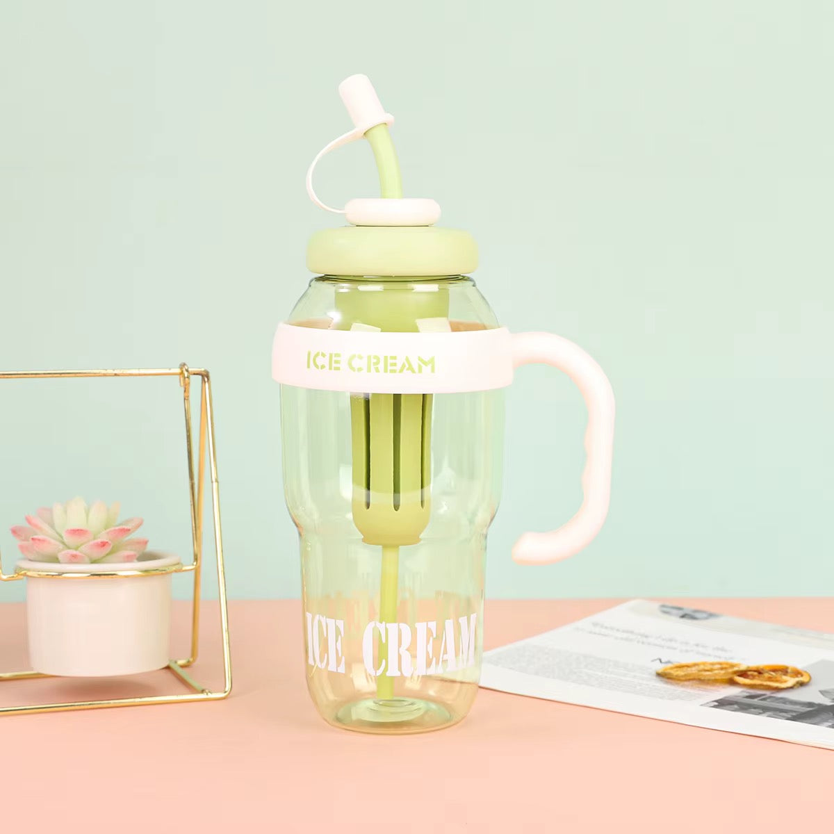 Ice Cream Tea Infuser Water Bottle with Straw & Handle