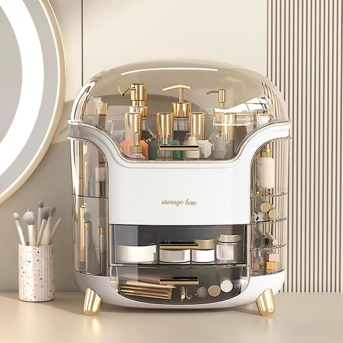 Luxury Dustproof Makeup Organizer Box with Rotating Side Doors & Drawers