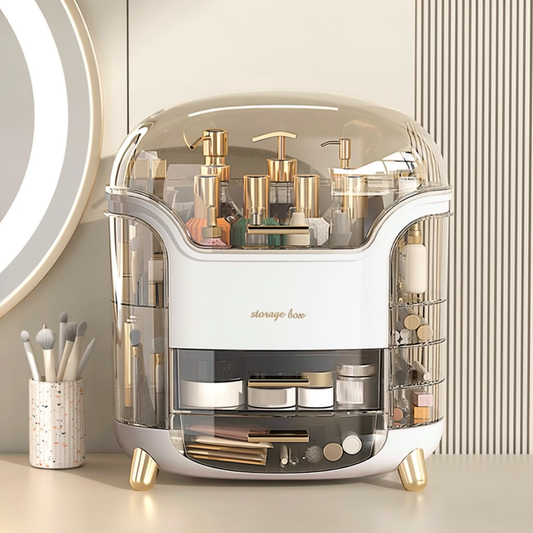 Luxury Dustproof Makeup Organizer Box with Rotating Side Doors & Drawers