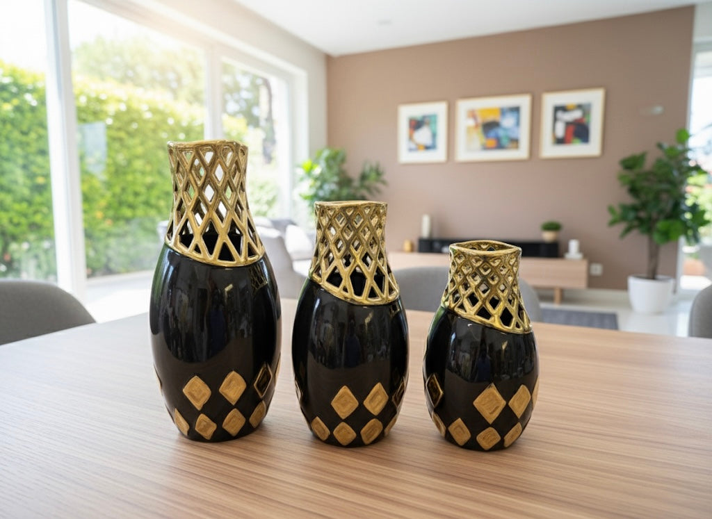 Elegant White and Black Ceramic Decorative Vase Set (3 Piece) (Only In Karachi)