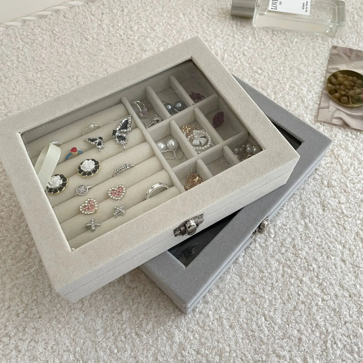 Velvet Jewelry Storage Organizer Box with Glass Lid & Buckle Clasp