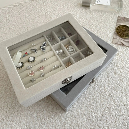 Velvet Jewelry Storage Organizer Box with Glass Lid & Buckle Clasp