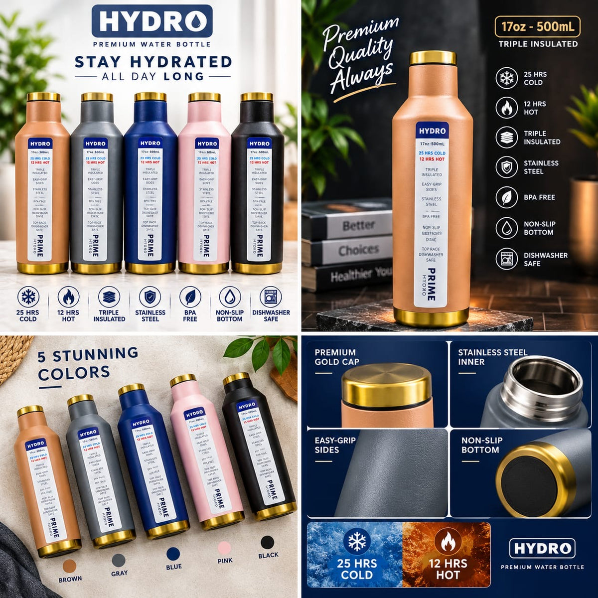 Prime Hydro Triple Insulated Stainless Steel Water Bottle