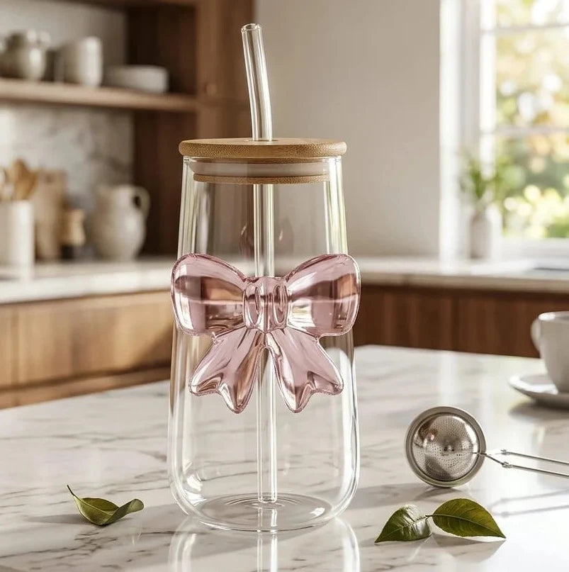 Pink Glass Bow Can Tumbler with Bamboo Lid & Glass Straw
