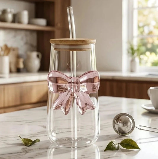 Pink Glass Bow Can Tumbler with Bamboo Lid & Glass Straw