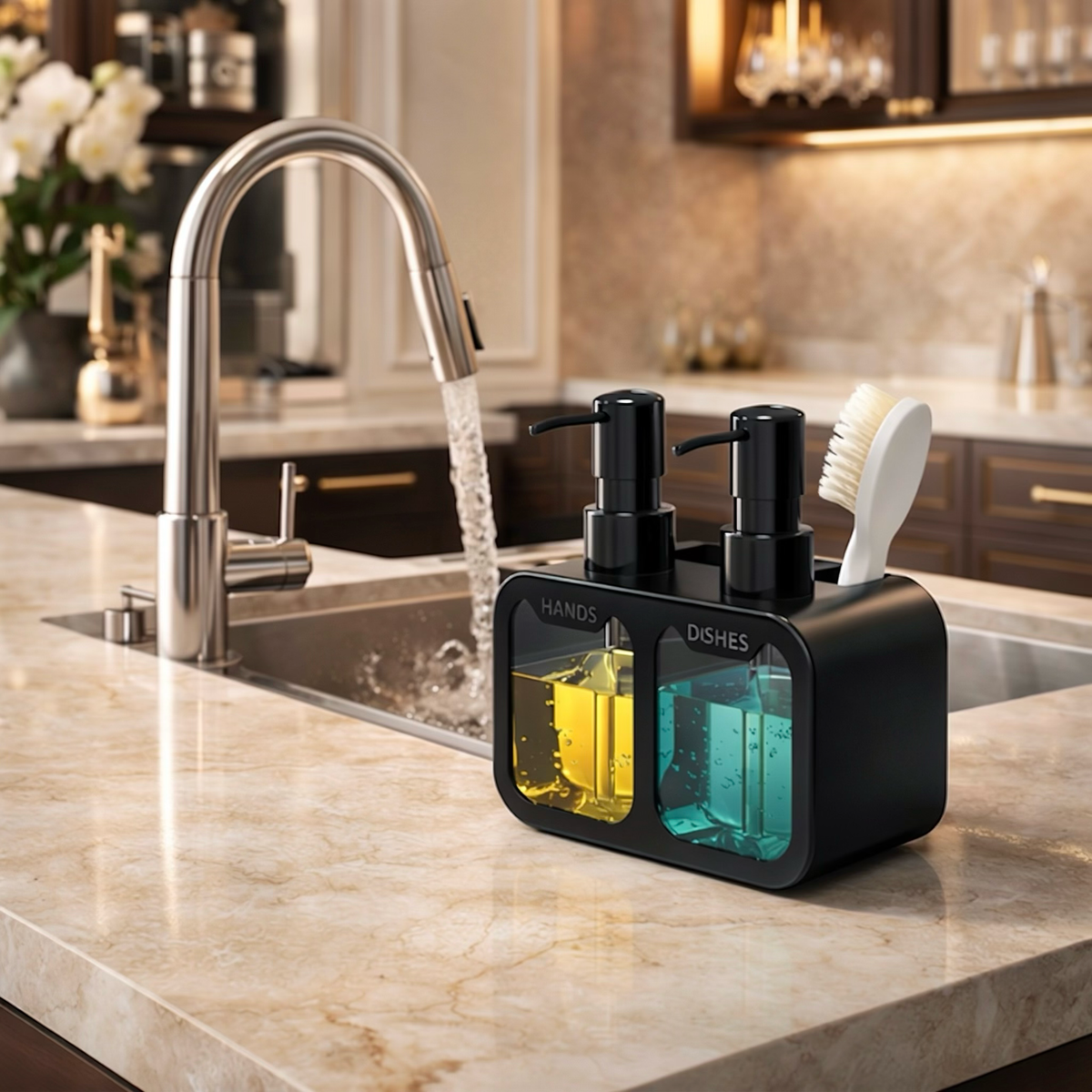 Dual Soap Dispenser Caddy with Sponge & Brush Holder